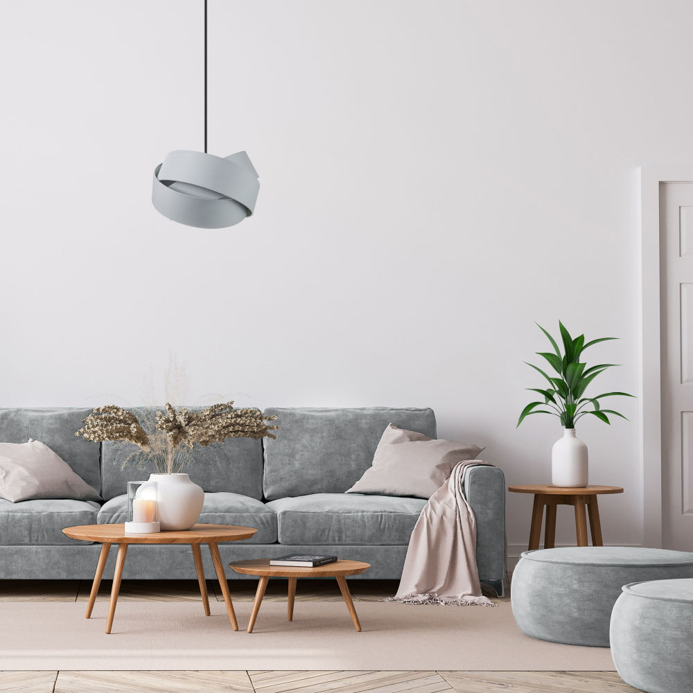 Happy Homewares Contemporary Triple Ring Grey Cotton Fabric and Satin Inner Pendant Shade Image 2