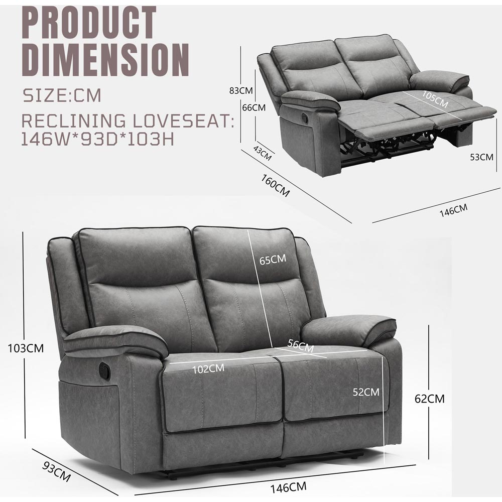 Furniture One 2 Seater Grey Manual Recliner Loveseat Sofa Image 6