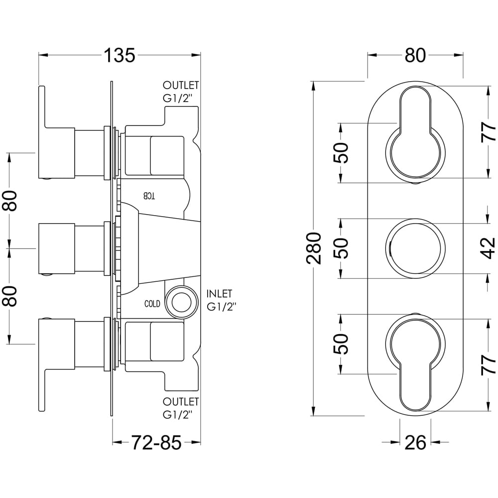 nuie Chrome Triple Thermostatic Valve Image 2