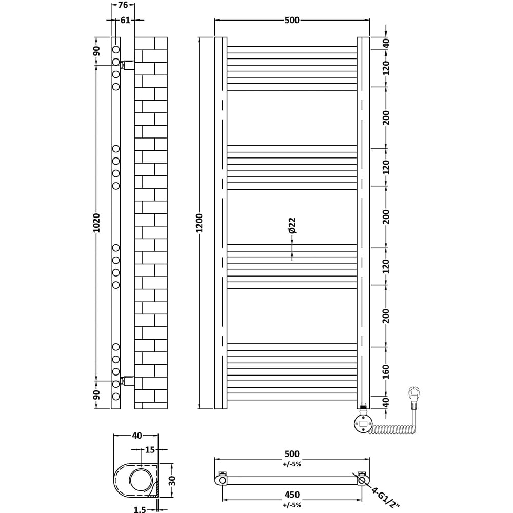 nuie Hudson Reed Chrome Electric Round Tube Towel Rail 1200 x 500mm Image 2