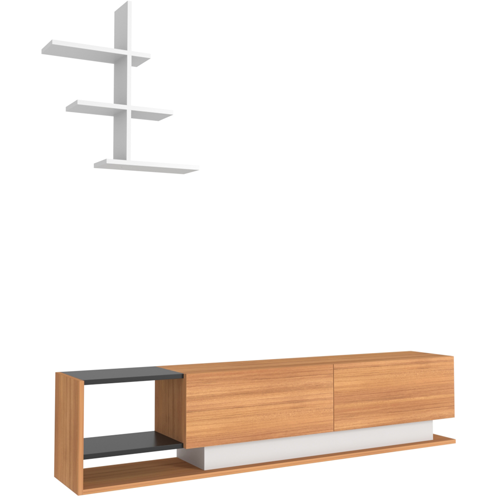 Decorotika Liza 2 Door 2 Shelf Teak Black and White TV Unit with Wall Shelf Image 2