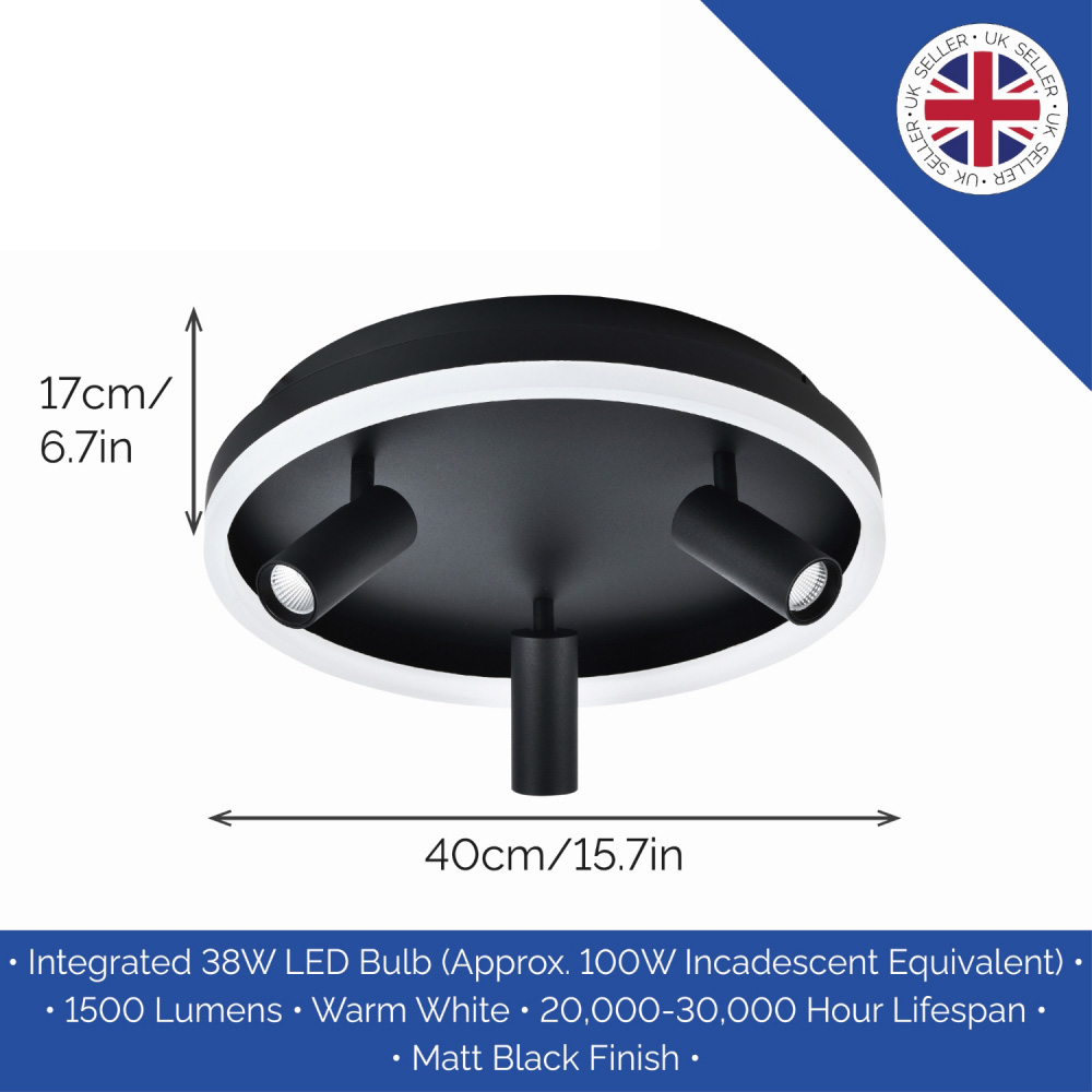Happy Homewares Matt Black LED Flush Spot Ceiling Light with Adjustable Heads Image 6