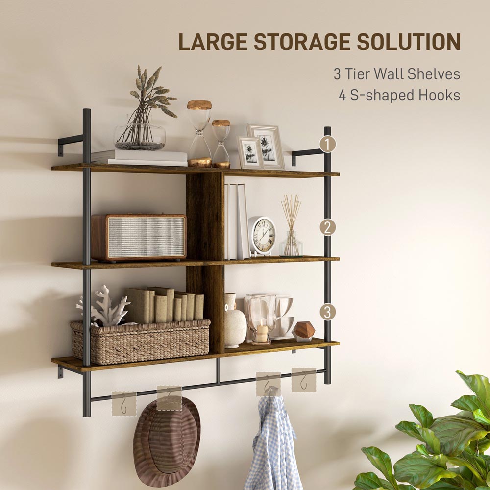 Portland 3 Shelf Rustic Brown Wall Unit with 4 Hooks Image 7