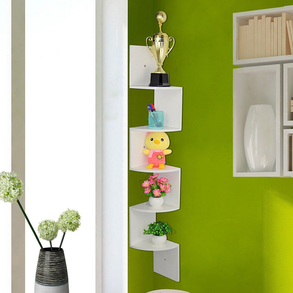 Living and Home 5 Tier White Wooden Zigzag Floating Corner Shelves Image 5