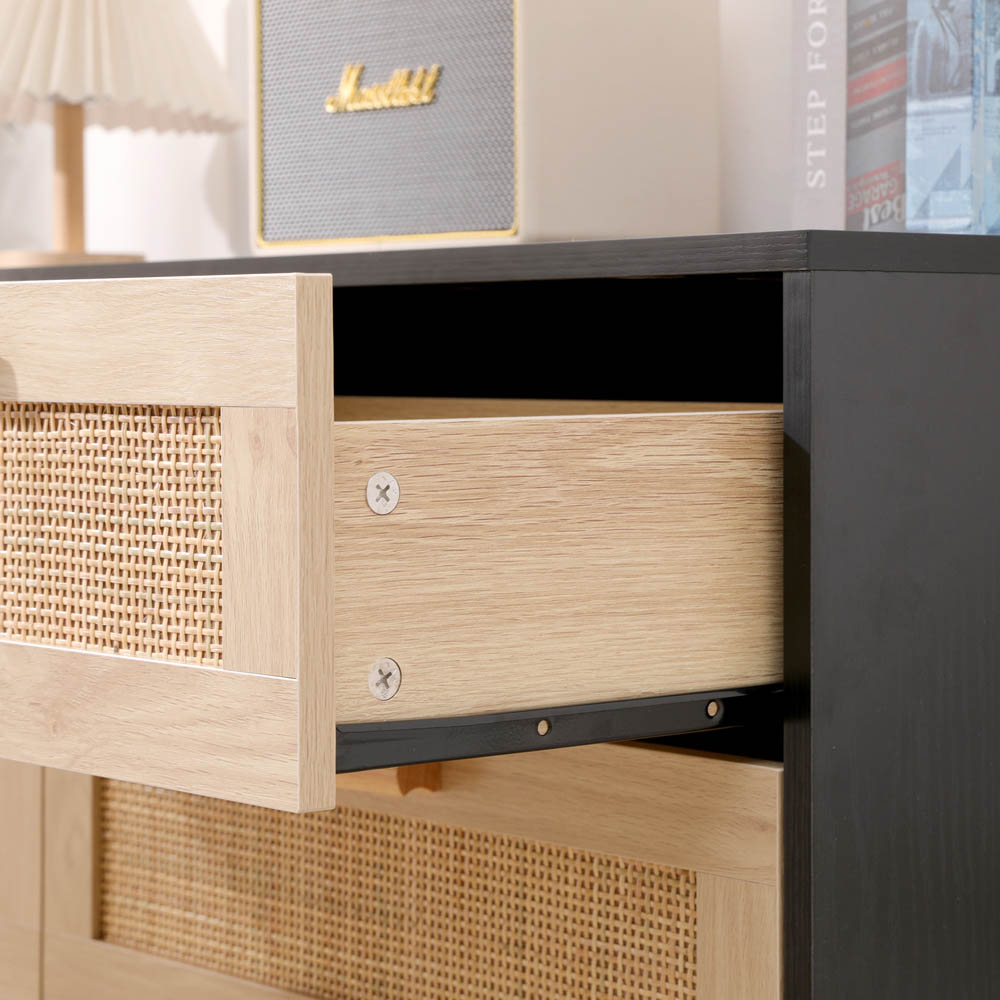 FurnitureHMD 6 Drawer Black and Natural Rattan Woven Front Wooden Chest of Drawers Image 5
