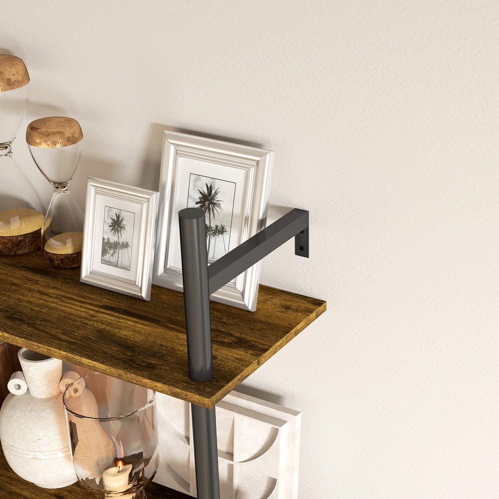 Portland 2 Tier Rustic Brown Wall Shelf Unit with 4 Hooks Image 4