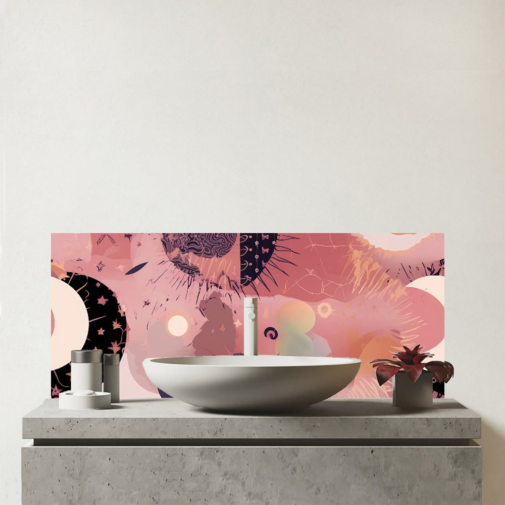 Warren Reed Designer Abstract Red Pink Pattern Glass Bathroom Splashback 25 x 60cm Image 1