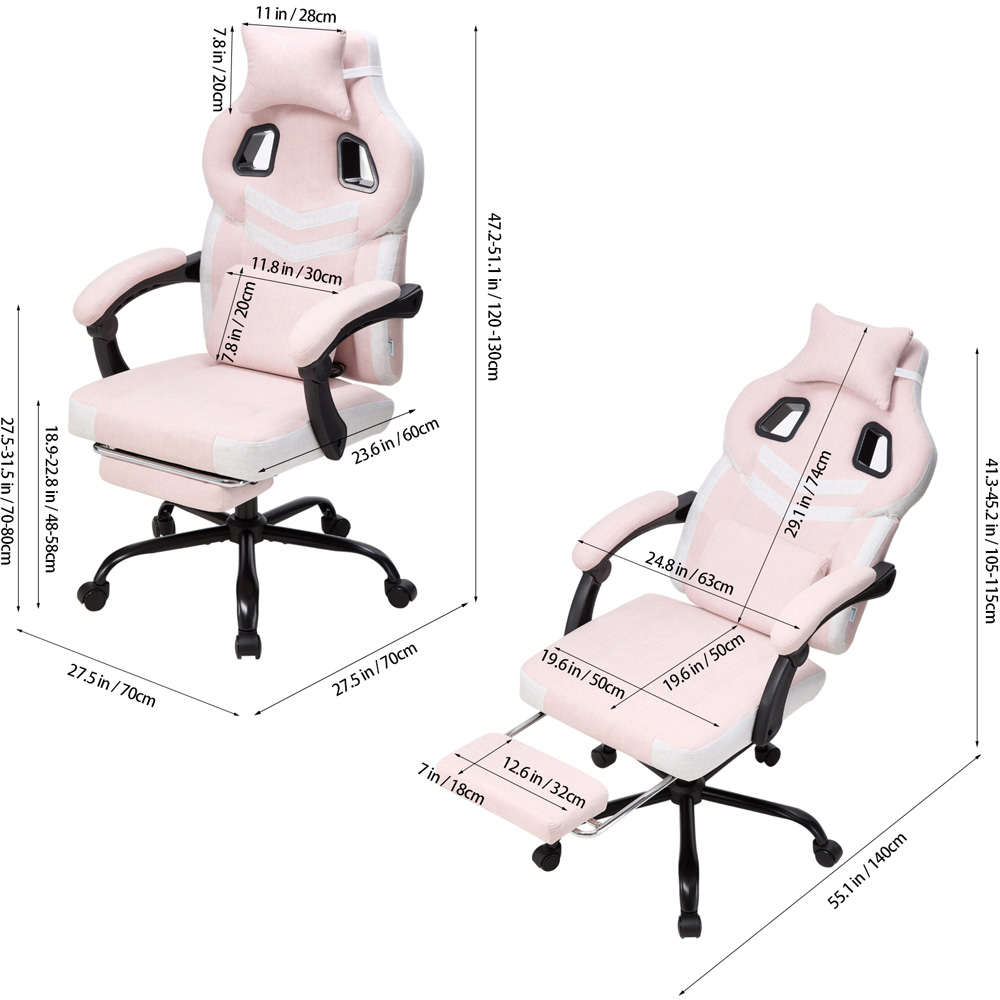 Living and Home Pink and White Padded Gaming Chair with Footrest Image 9