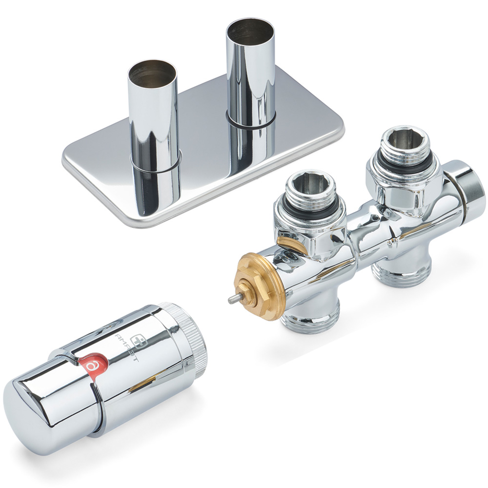 Terma Vario Chrome Left or Right Sided Twins Angled Integrated Thermostatic Radiator Valve Set 50mm Image 3