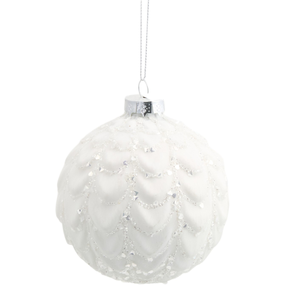 Alpine Lodge Matte White Glitter Ridged Bauble Image 2