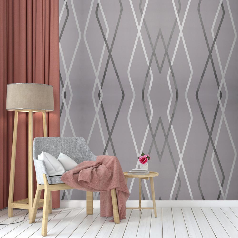 Living and Home Geometric Curves Grey Textured Non Woven Wallpaper Image 2