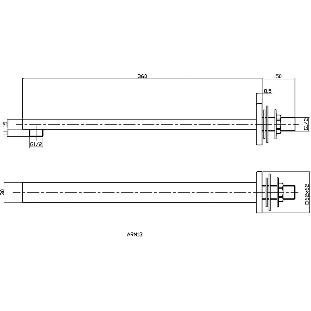 nuie Brushed Brass Small Rectangular Shower Arm Image 2