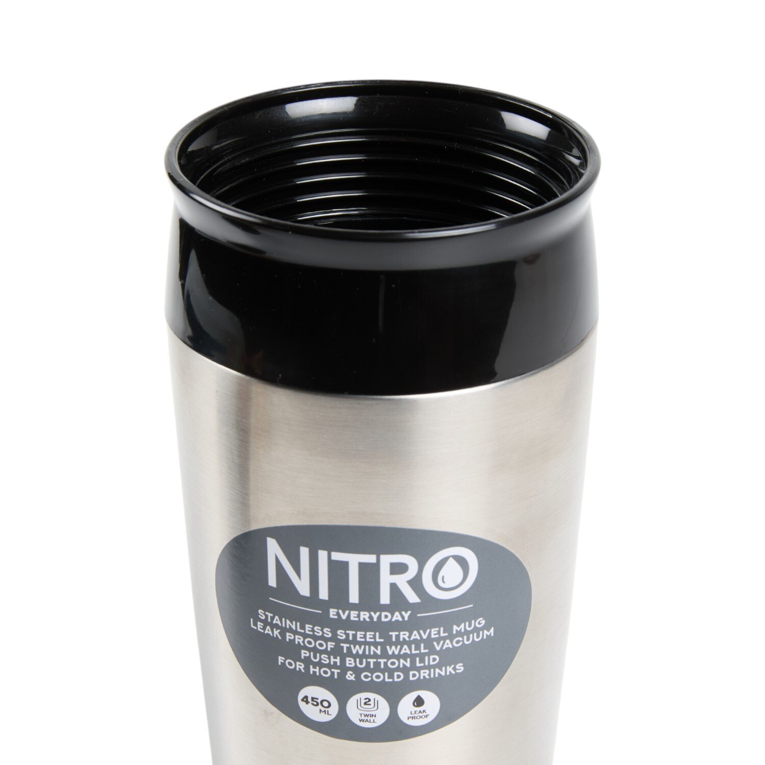 Nitro Stainless Steel Leakproof Push Button Travel Mug Silver Image 3