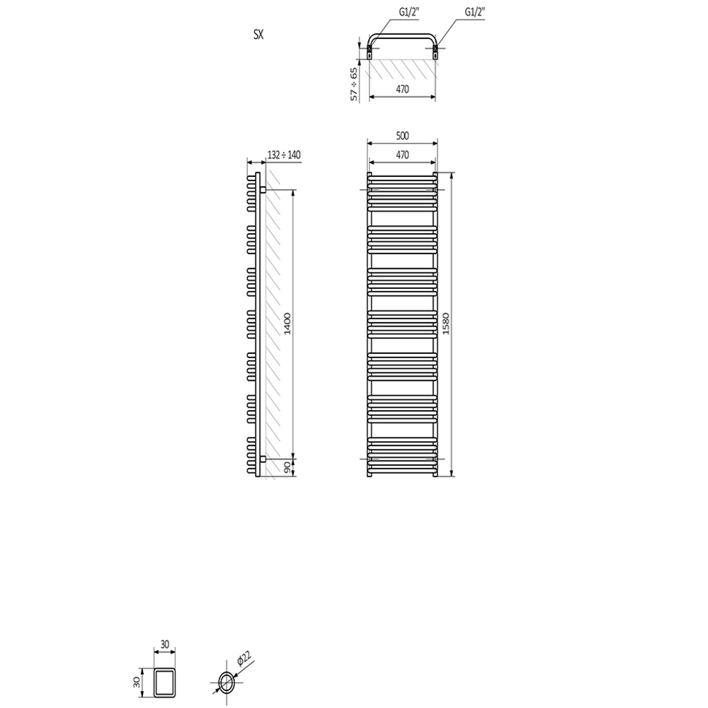 Terma Alex Modern Grey Heated Towel Rail 1580 x 500mm Image 9