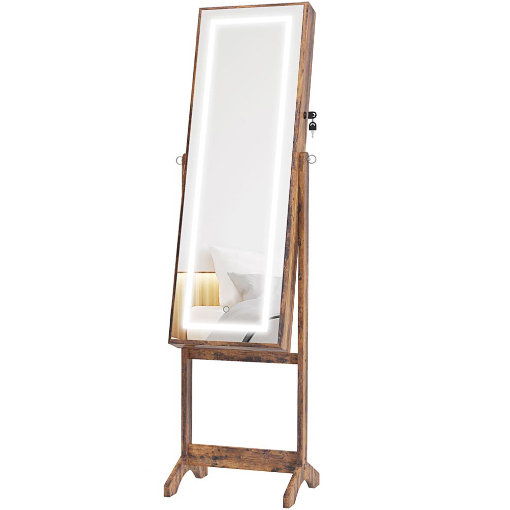 Portland Rustic Brown Mirrored Lockable Jewellery Cabinet with LED Light Image 1