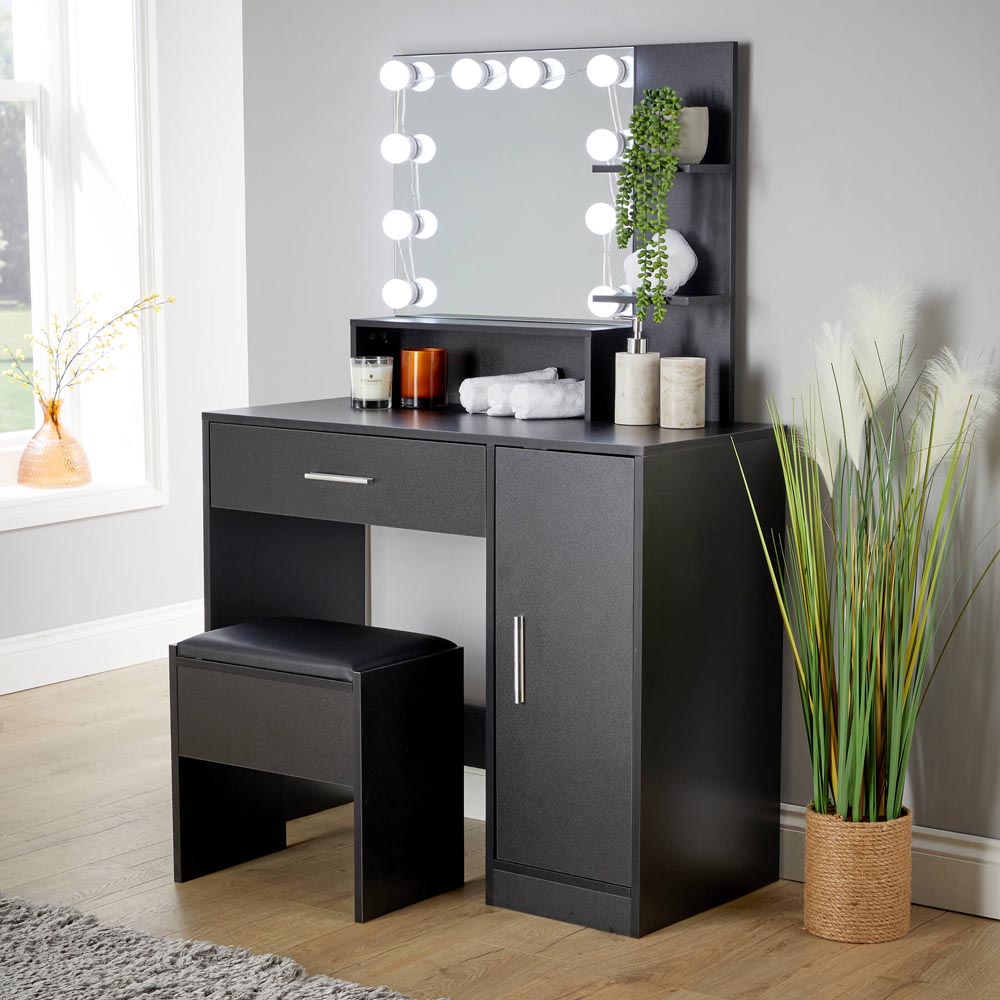 Home Source Sophia Single Door Single Drawer Black Dressing Table Set with LED Mirror Image 7