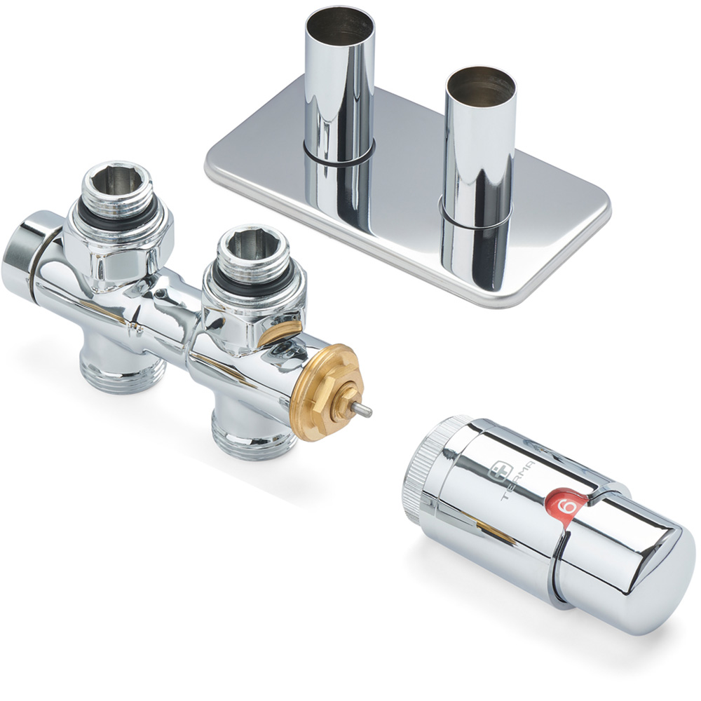 Terma Vario Chrome Left or Right Sided Twins Angled Integrated Thermostatic Radiator Valve Set 50mm Image 4