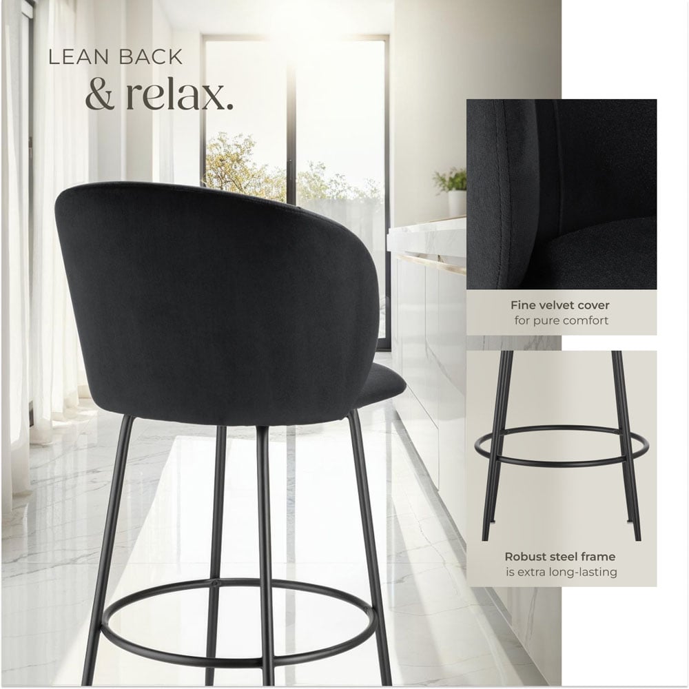 tectake Luana Black Velvet Look Padded Bar Stool Set of 4 Image 5