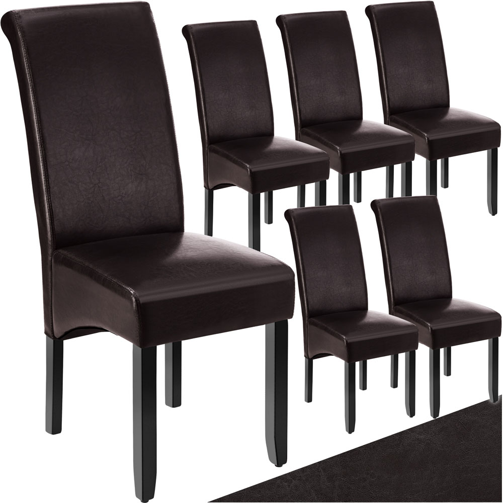 tectake Set of 6 Brown Faux Leather High Backrest Dining Chair Image 2