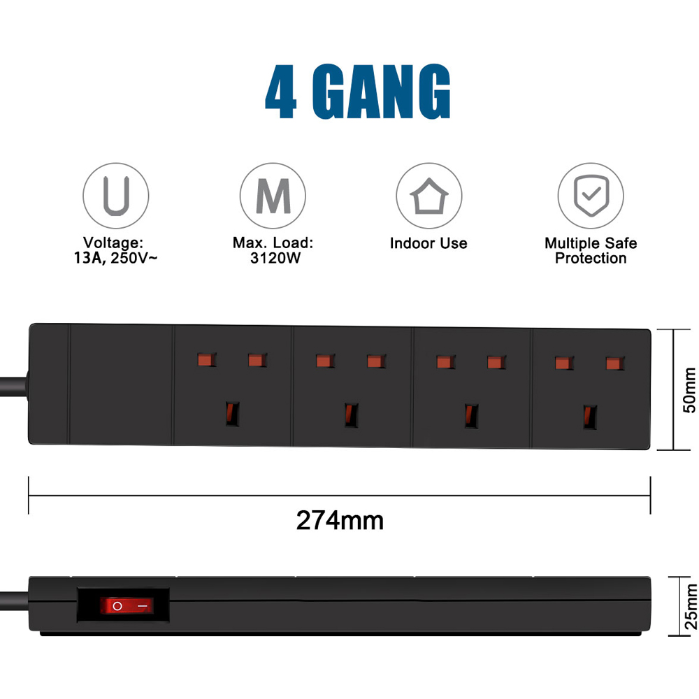 ExtraStar 4 Gang 13A Black Indicator Side Switched Extension Lead 1m Image 6