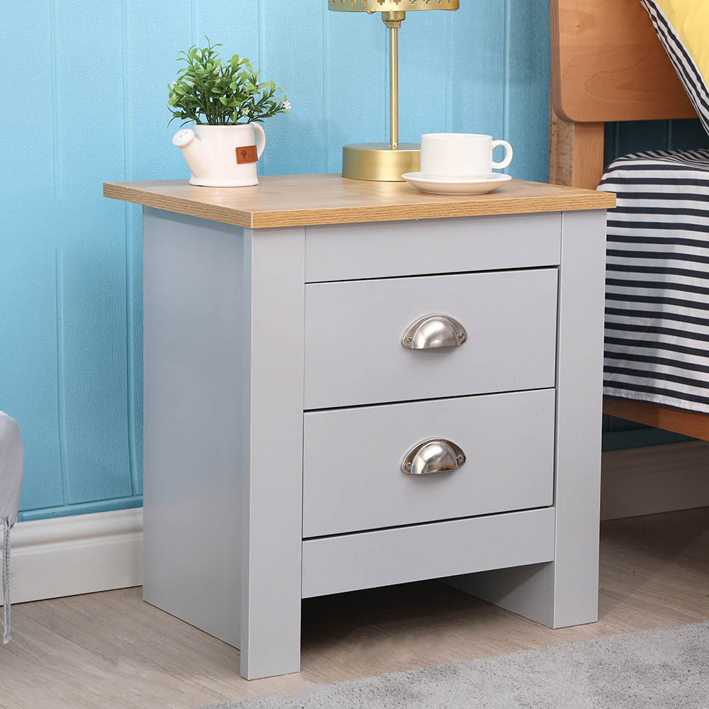 FurnitureHMD 2 Drawer Grey and Oak Effect Wooden Bedside Table Set of 2 Image 7