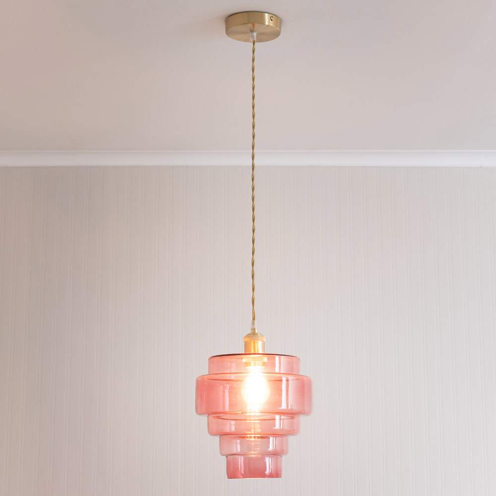 ValueLights Lane 5 Tier Pink Glass Shade Brushed Gold Single LED Ceiling Pendant Light Image 2