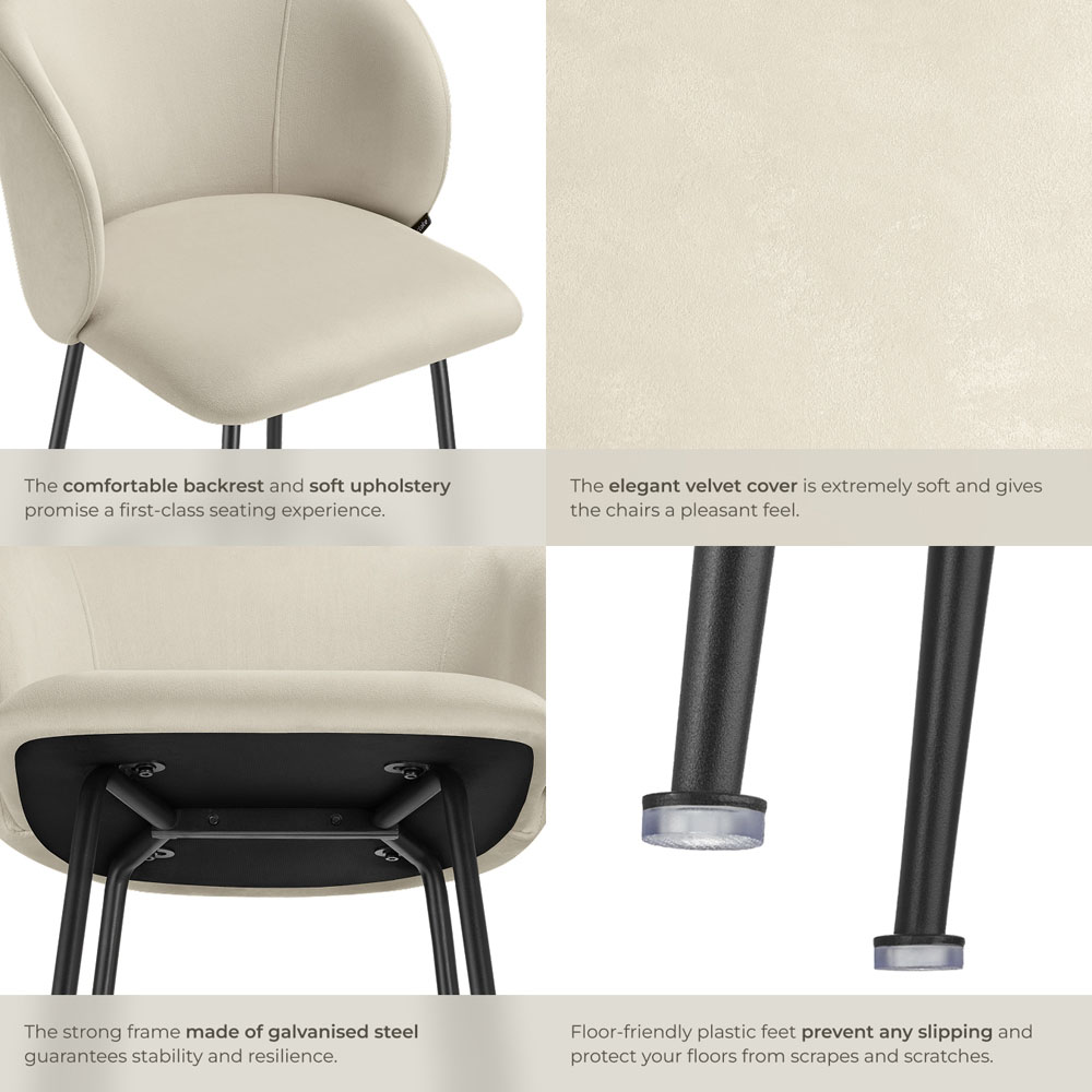 tectake Luana Cream and Black Velvet Look Padded Bar Stool Set of 2 Image 6