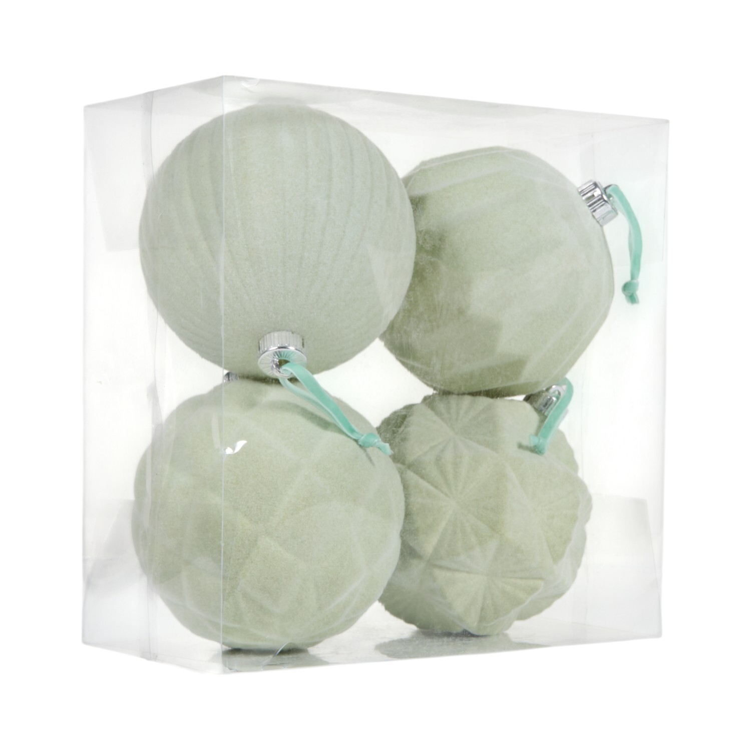 Pack of 4 Elegant Flocked Baubles Sage Green Image 7