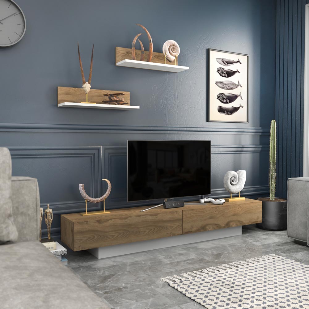Decorotika Lusi 2 Door Single Shelf White and Oud TV Unit with 2 Wall Shelf Image 4