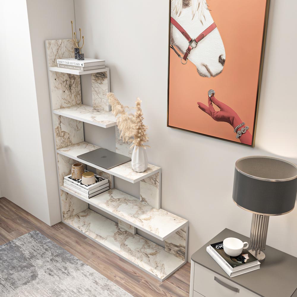 Decorotika Echo Modern 5 Shelf White Marble Effect Ladder Bookcase Image 3