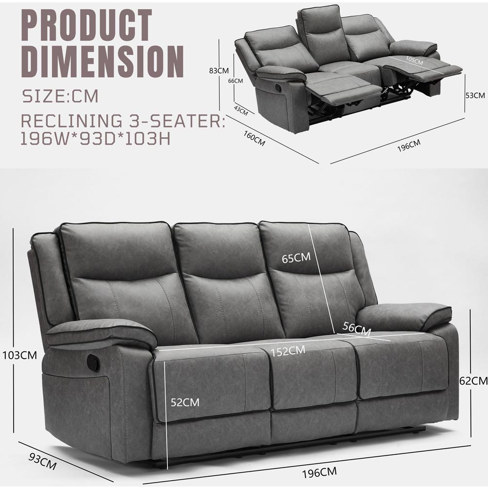 Furniture One 3 Seater Grey Manual Recliner Sofa Image 6