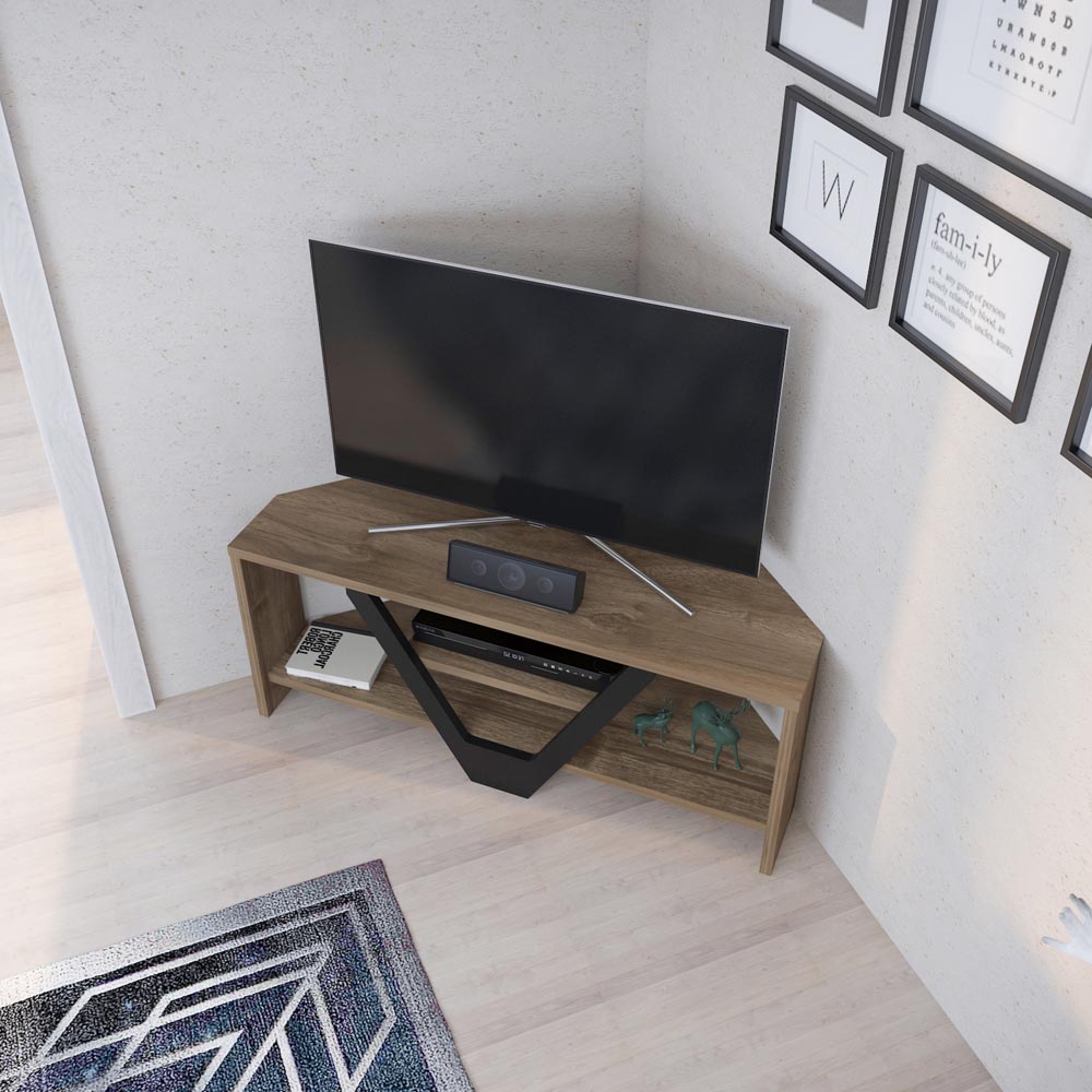 Decorotika Karin 2 Shelf Walnut and Black Modern Corner TV Unit Image 4