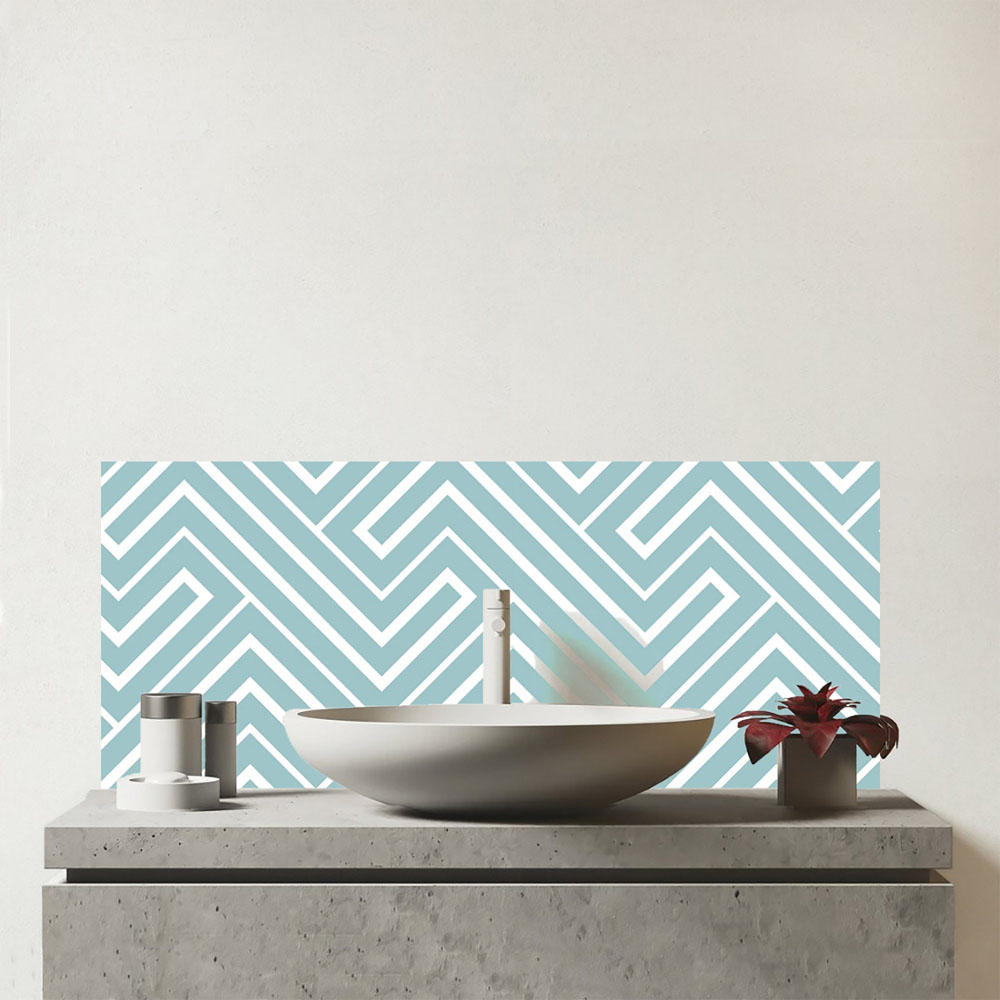 Warren Reed Designer Blue and White Geometric Pattern Glass Bathroom Splashback 25 x 60cm Image 1
