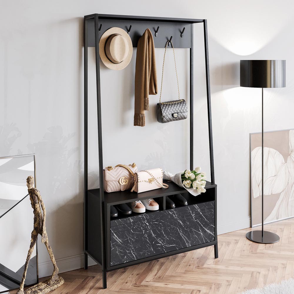 Decorotika Devin Single Door 2 Shelf Black Marble and Black Coat and Shoe Rack Image 2