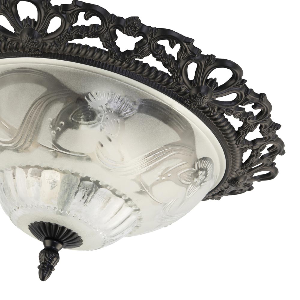 Happy Homewares Matt Black and Frosted Floral Glass Flush Ceiling Light Image 6