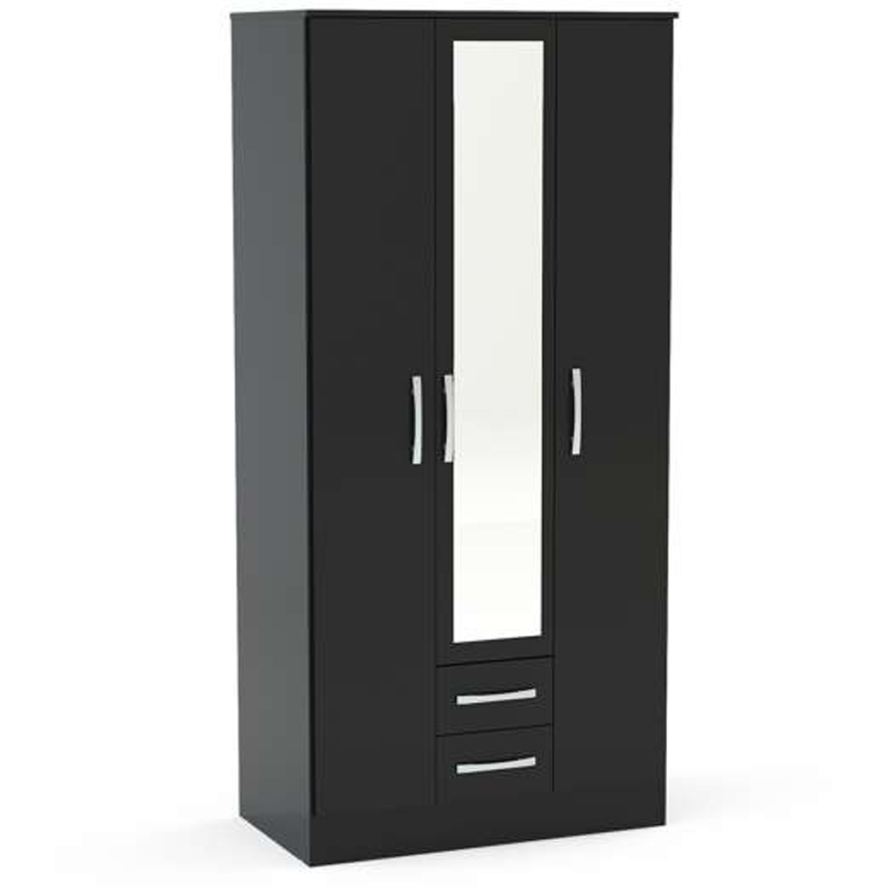 Lynx 3 Door 2 Drawer Black Mirror Wardrobe Image 2
