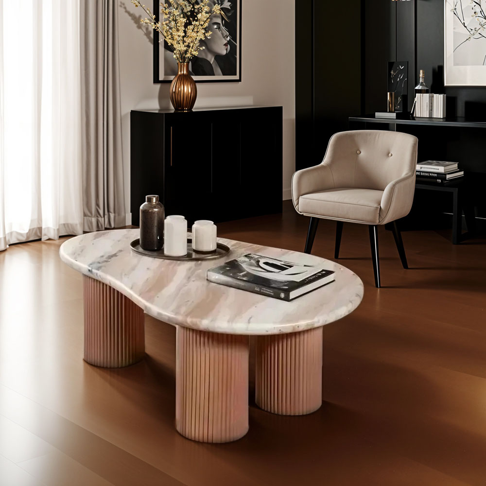 IH Design Bundi Natural Marble and Wood Pedestal Coffee Table Image 5