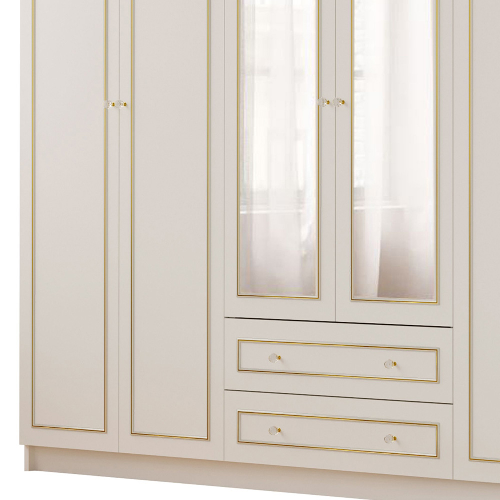 Evu MARIE 6 Door 2 Drawer Gold and White XL Mirrored Wardrobe Image 4