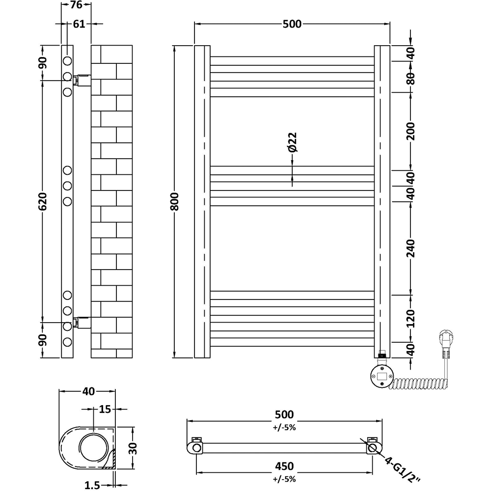 nuie Hudson Reed Anthracite Electric Round Tube Towel Rail 800 x 500mm Image 2