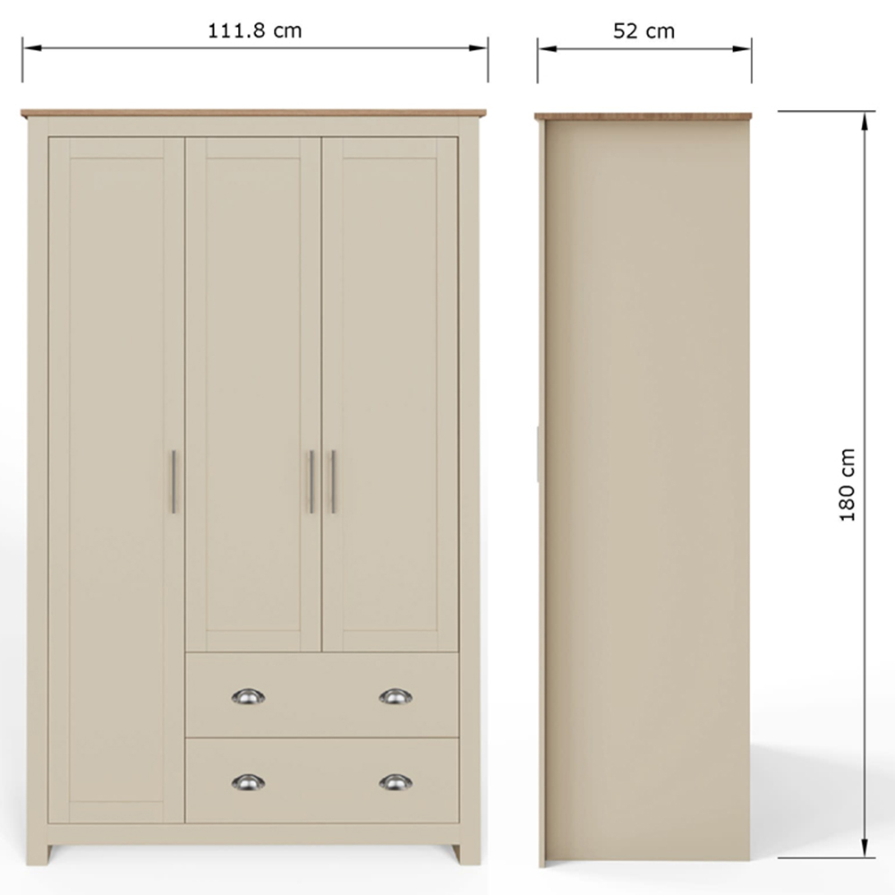 GFW Lancaster 3 Door 2 Drawer Cream Wardrobe Image 9