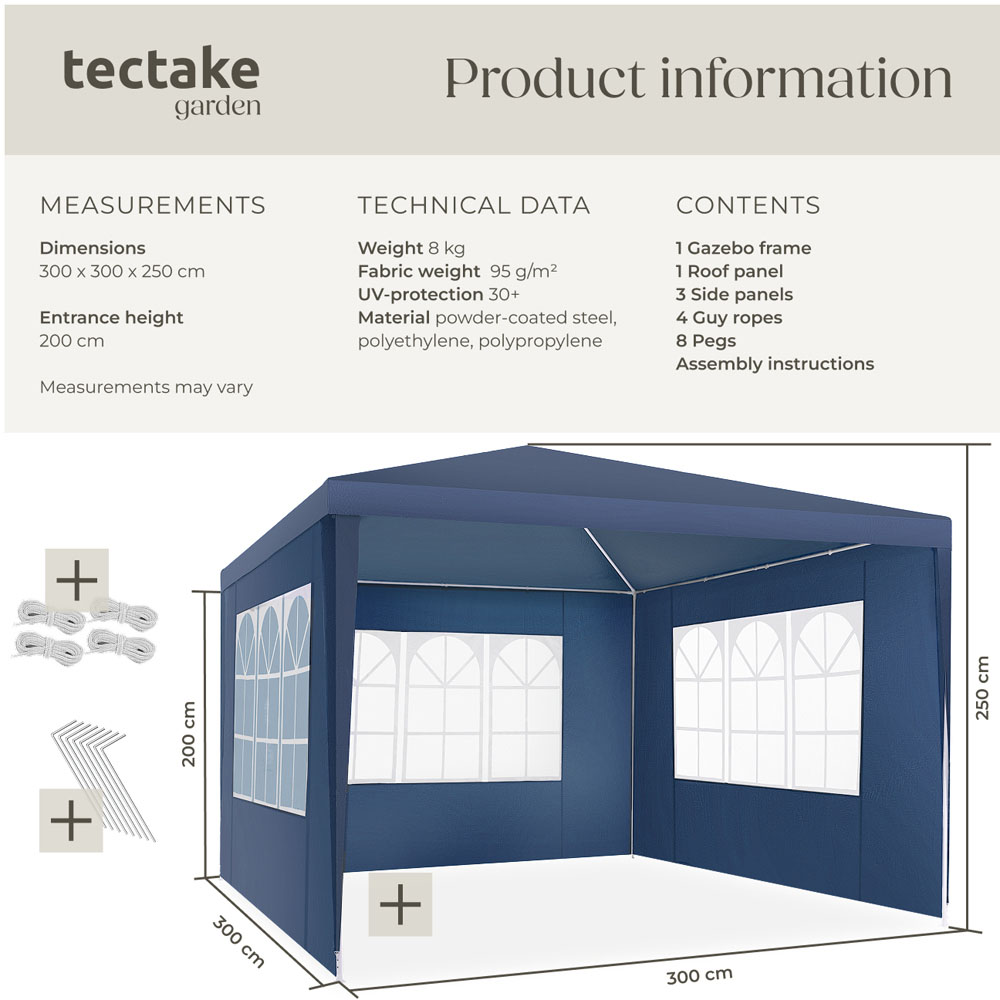 tectake Miramas 3 x 3m Blue Water Resistant Gazebo with 3 Side Panels Image 9