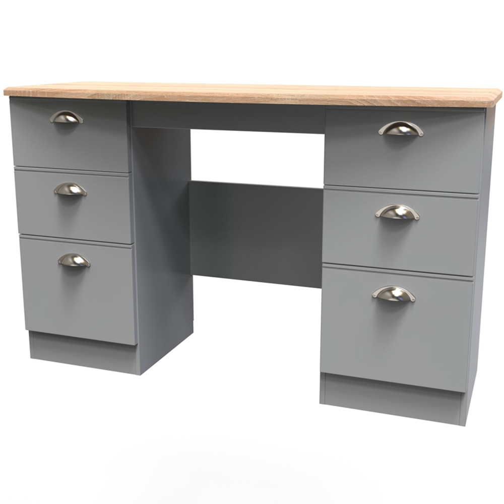 Crowndale Victoria 6 Drawer Dusk Grey and Oak Kneehole Computer Desk Image 4