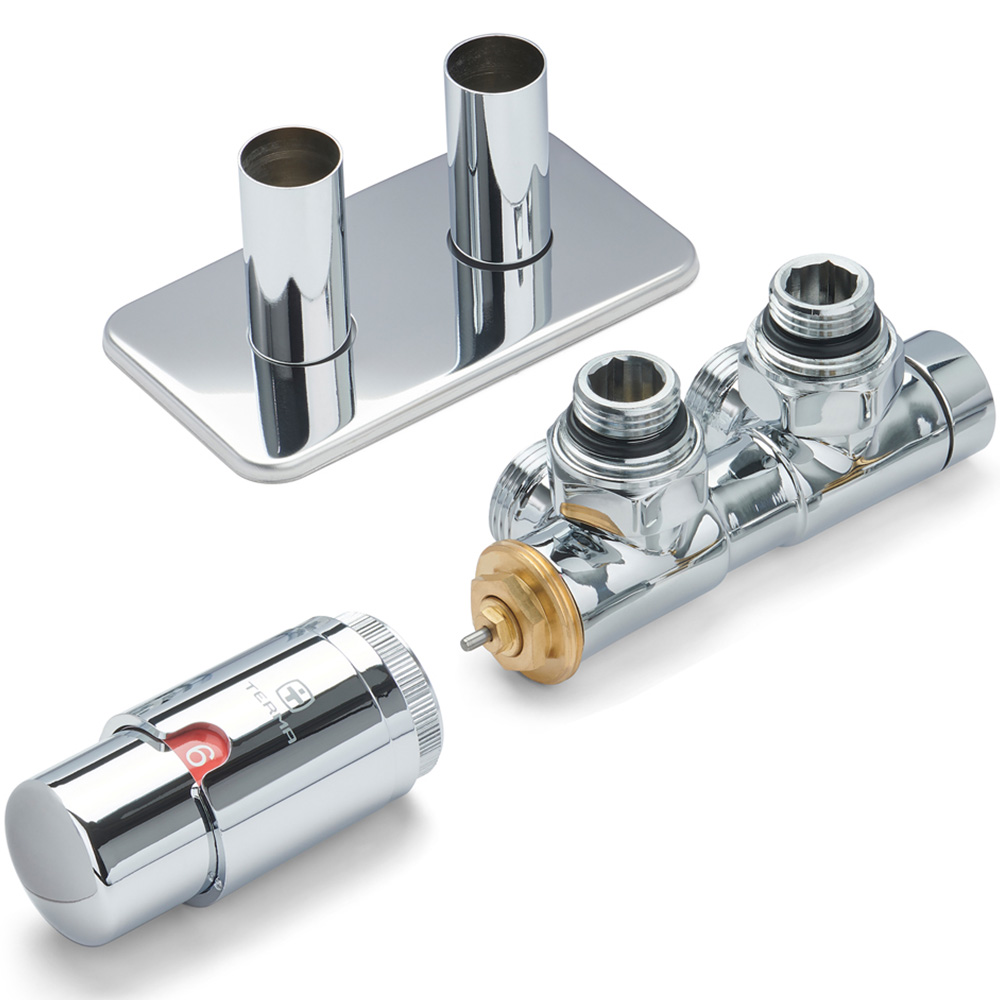 Terma Vario Chrome Left Sided Twins Angled Integrated Thermostatic Radiator Valve Set 50mm Image 2