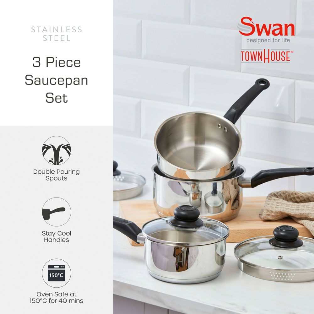 Swan Townhouse 3 Piece Stainless Steel Saucepan Set Image 2