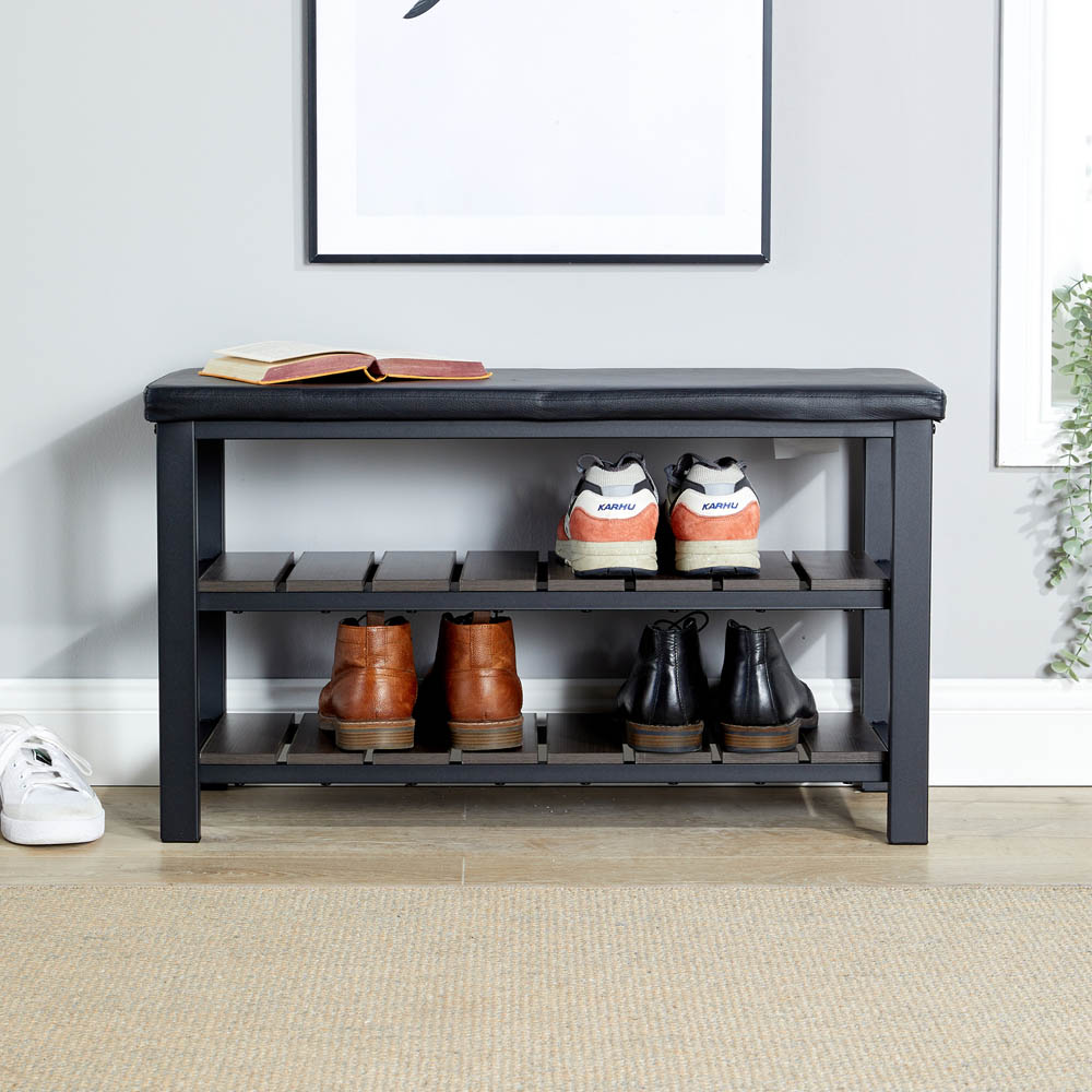 Home Source Spalding 2 Shelf Black PU Upholstered Metal Shoe Bench Image 5