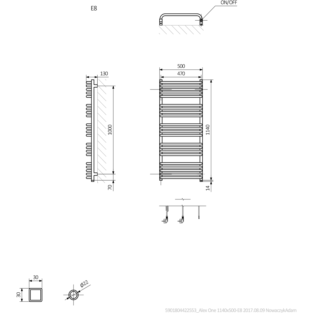 Terma Alex One 2046BTU Modern Grey Electric Towel Rail 1140 x 500mm Image 7