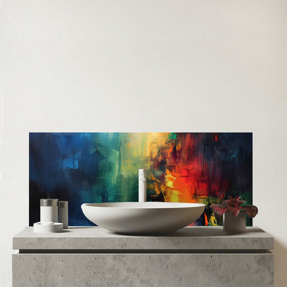 Warren Reed Designer Colourful Chaos Urban Dreamscape Glass Bathroom Splashback 25 x 60cm Image 1