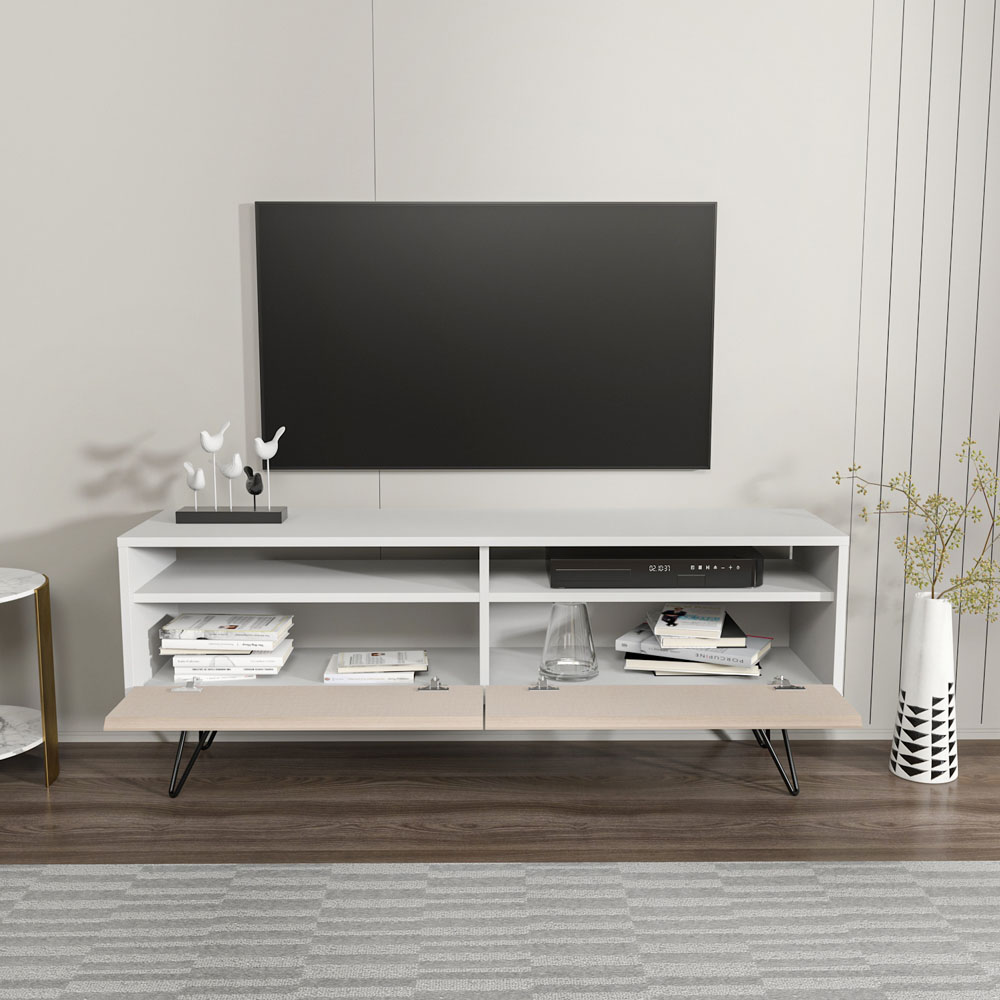 Decorotika Flay 2 Door 2 Shelf White and Beige TV Unit Image 4
