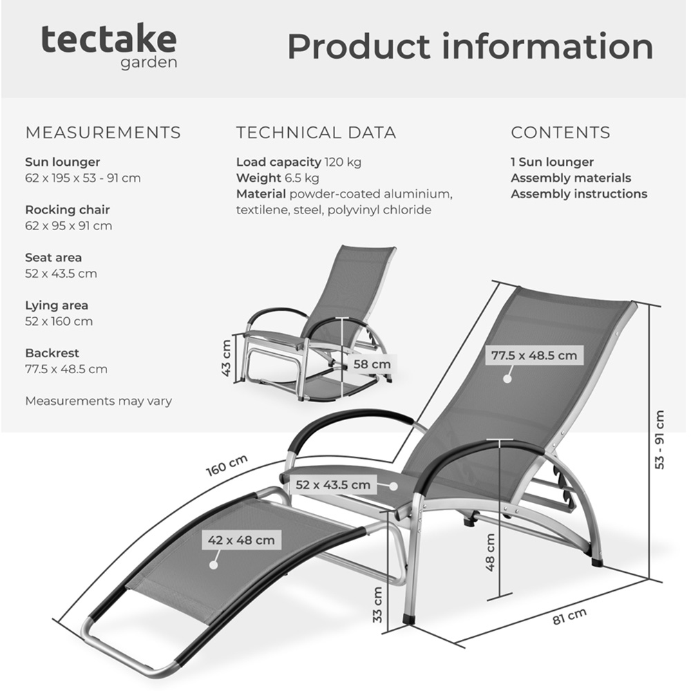 tectake Avignon Grey 2 in 1 Sun Lounger with Adjustable Backrest Image 9