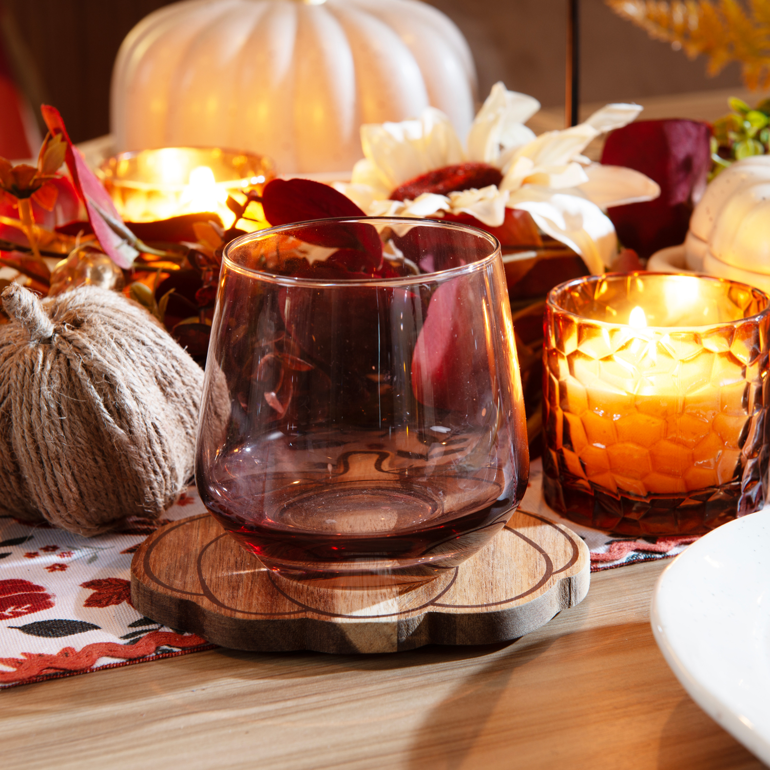 Pack of 4 Pumpkin Wood Effect Coasters Natural Image 2